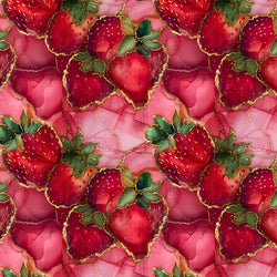 Meterware Damenstoff Erdbeeren in Alcohol Ink Optik und gold und rosa