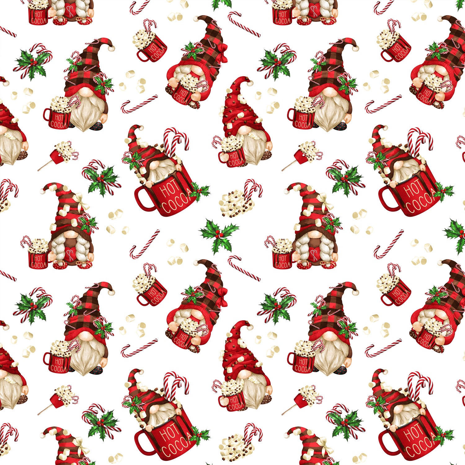 Kinderstoff Meterware mit süßem Weihnachtstassen und Gnomen Zuckerstange Kakao