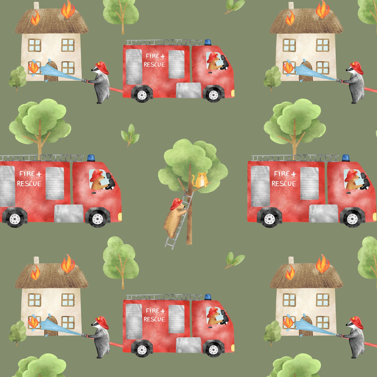 Kinderstoff Meterware Feuerwehr mit Tieren