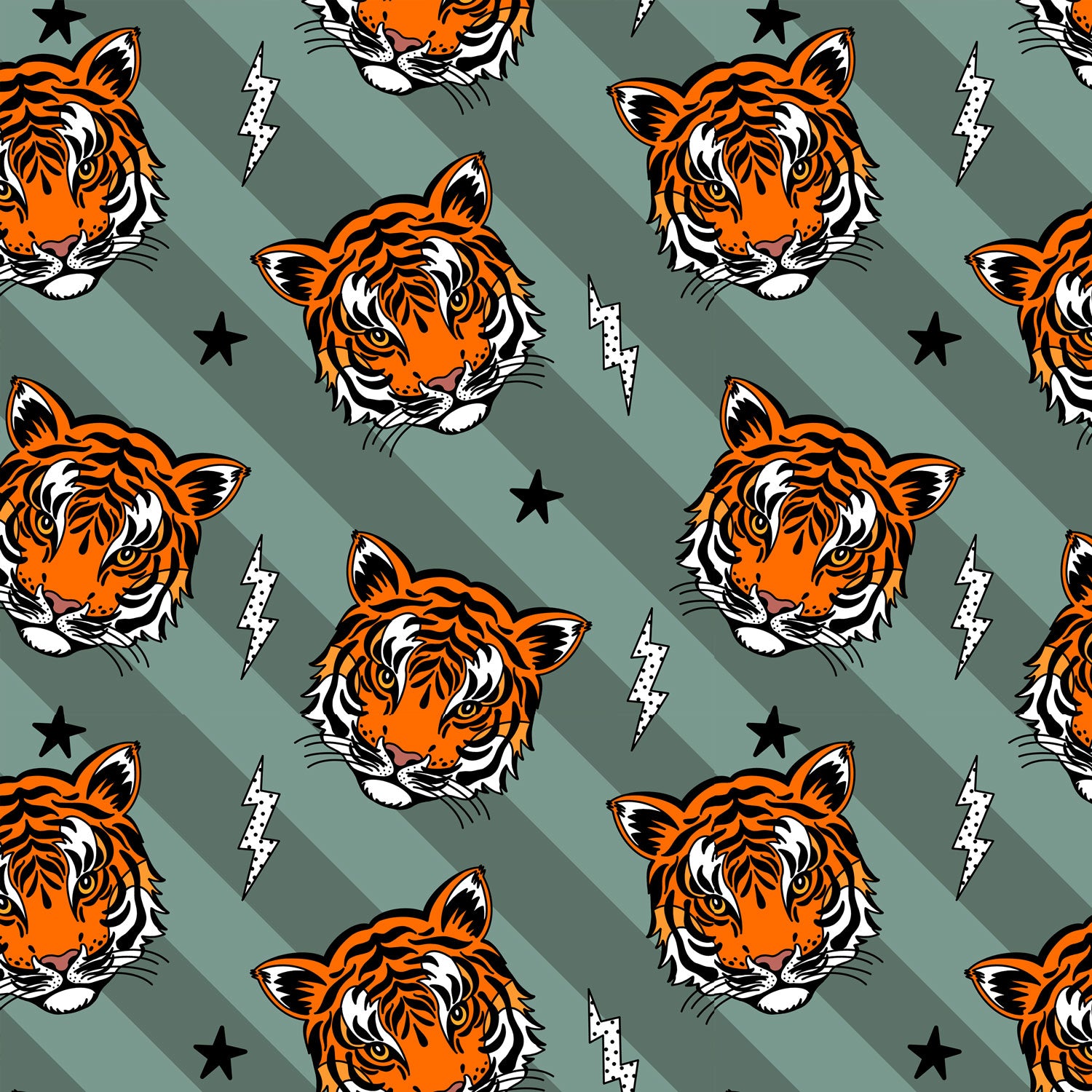 Kinderstoff Meterware coole Tiger auf grünen Streifen Katzengold Design