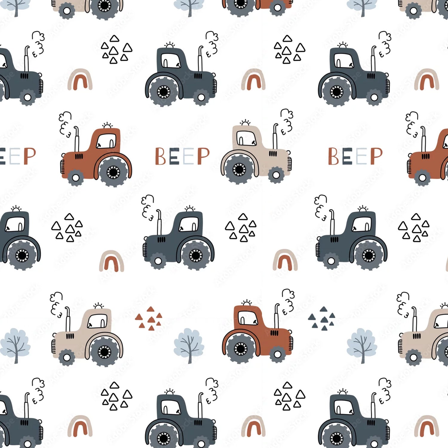Kinderstoff Jungenstoff Traktoren beige grau rot