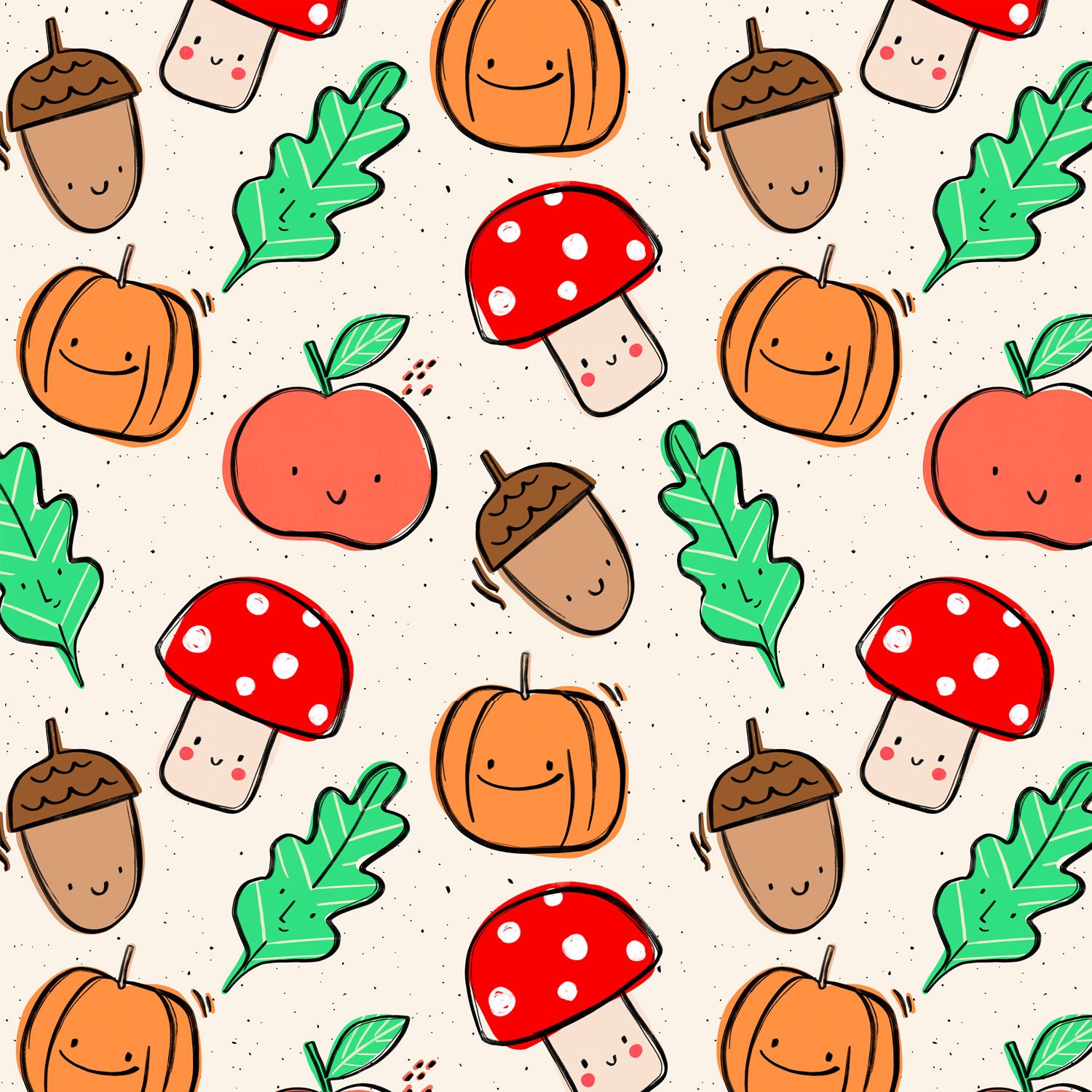 Kinderstoff Meterware herbstliche Blätter Pilze Apfel und Kürbis von Katzengold Design