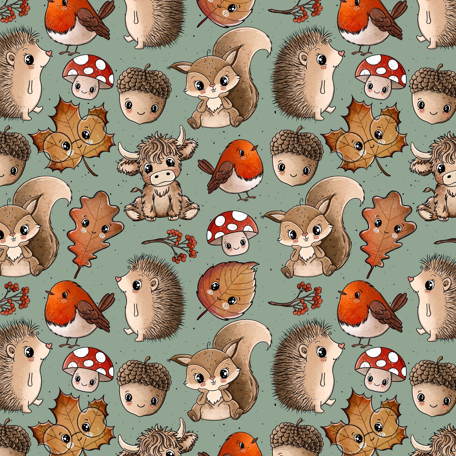 Kinderstoff Meterware Waldtiere Igel Pilze Vogel Blätter  Eichhörnchen von Katzengold Design