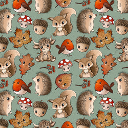 Kinderstoff Meterware Waldtiere Igel Pilze Vogel Blätter  Eichhörnchen von Katzengold Design
