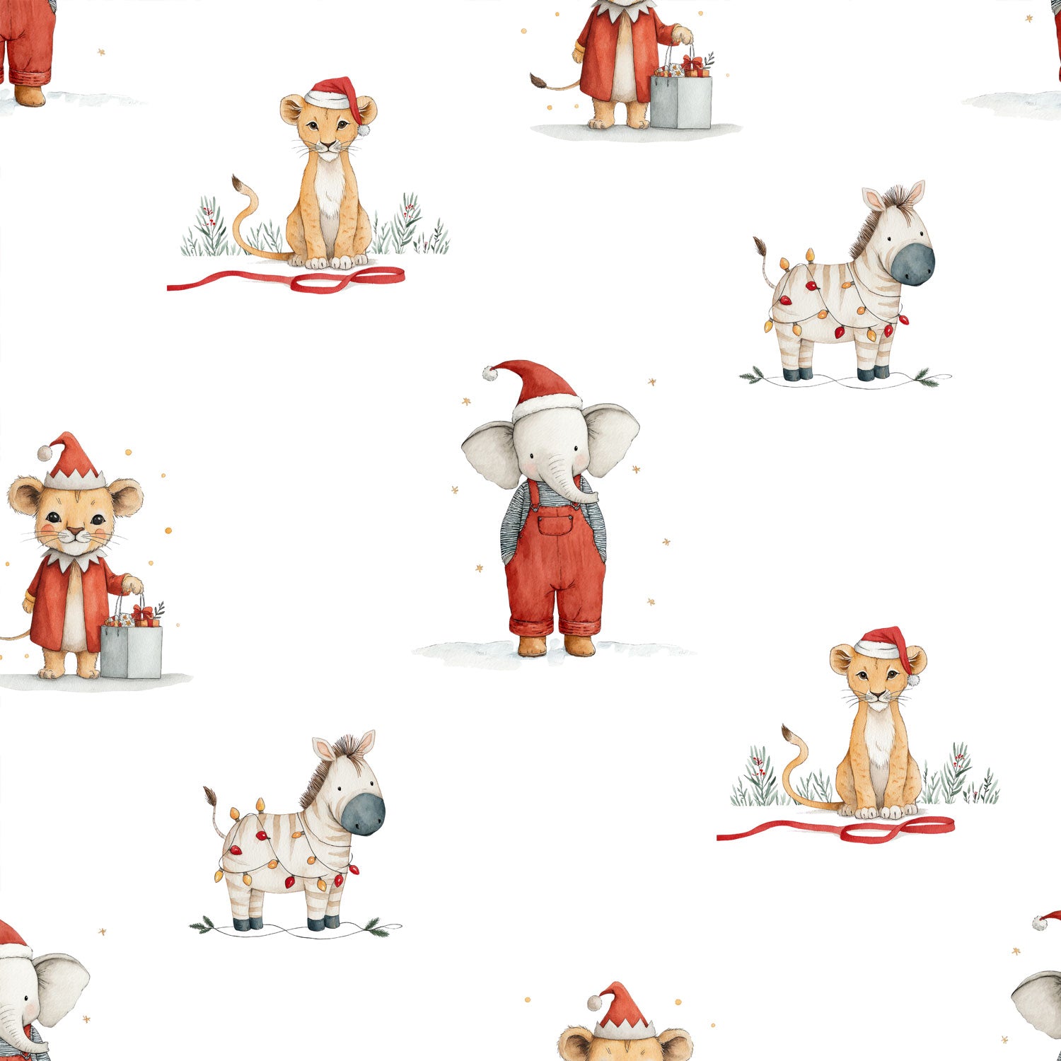 Kinderstoff Meterware mit Weihnachtstiere Elefant Löwe und Zebra