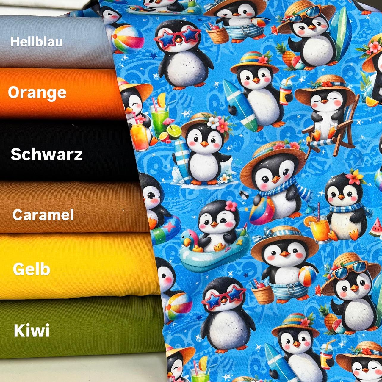 Kinderstoff Meterware süße Pinguine im Sommer Surfbrett Badehose Sommerlaune Sommerstoff Kombistoffe