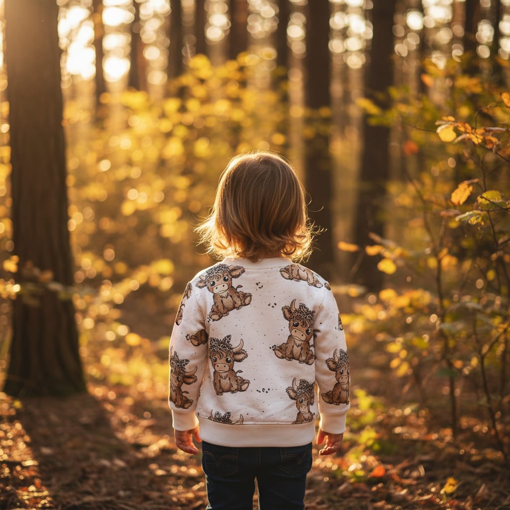 Kinderstoff süße Highland Kuh mit Leo Haarband von Katzengold Design als Pullover
