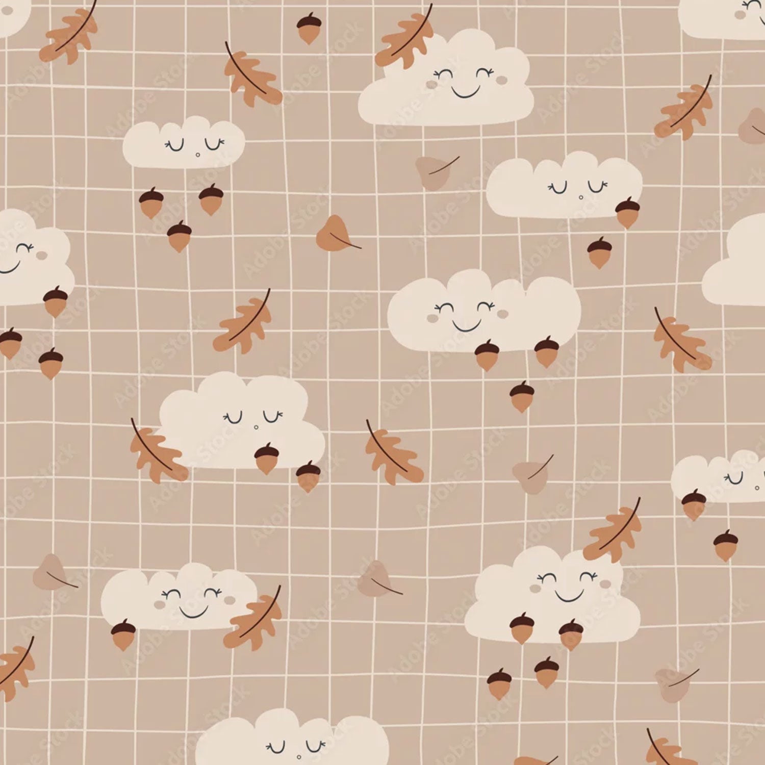 Meterware Kinderstoff Wolken, Blätter, Eicheln Herbst auf kariertem Hintergrund