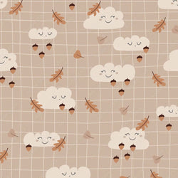 Meterware Kinderstoff Wolken, Blätter, Eicheln Herbst auf kariertem Hintergrund