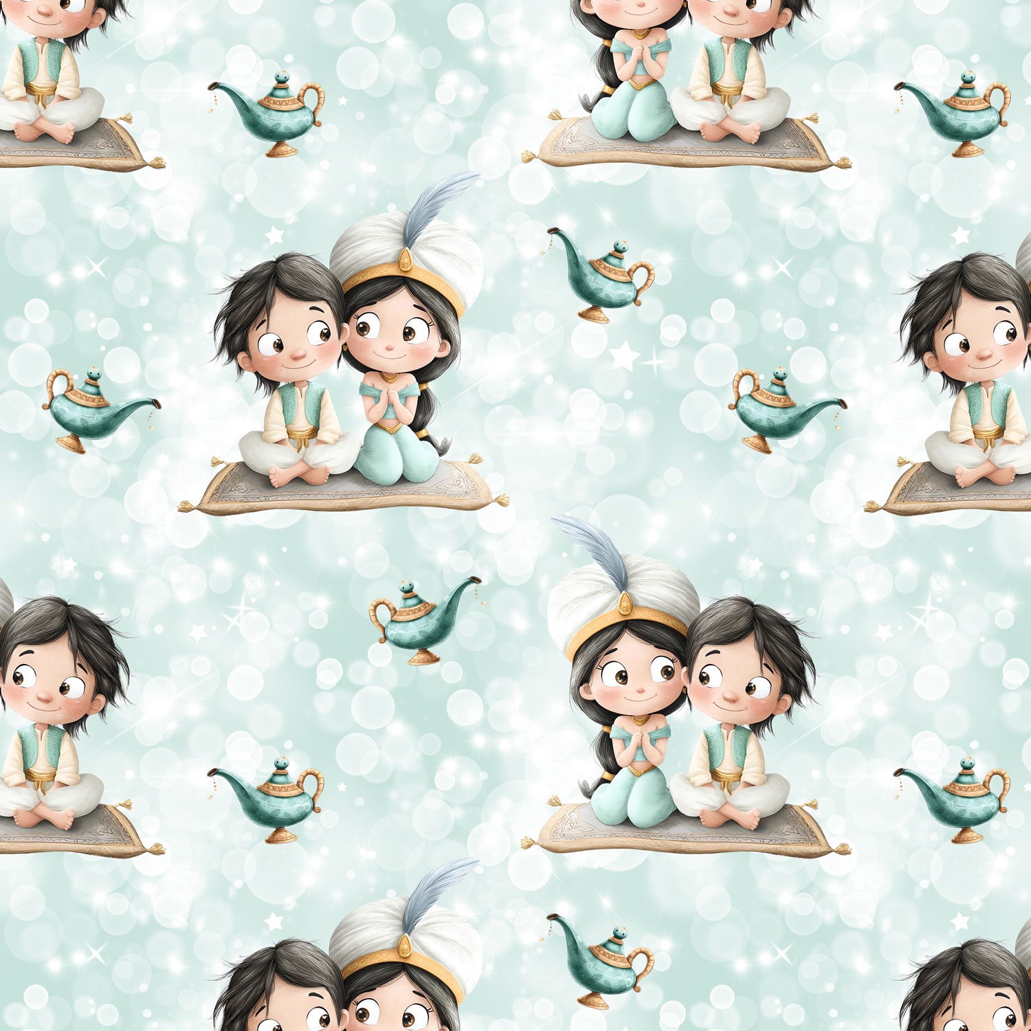 Kinderstoff Zauberteppich mit Junge und Mädchen Wunderlampe