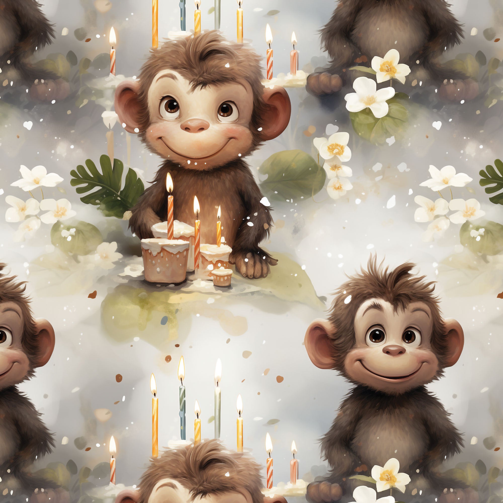 Kinderstoff Geburtstag Affe mit Torte und Kerzen