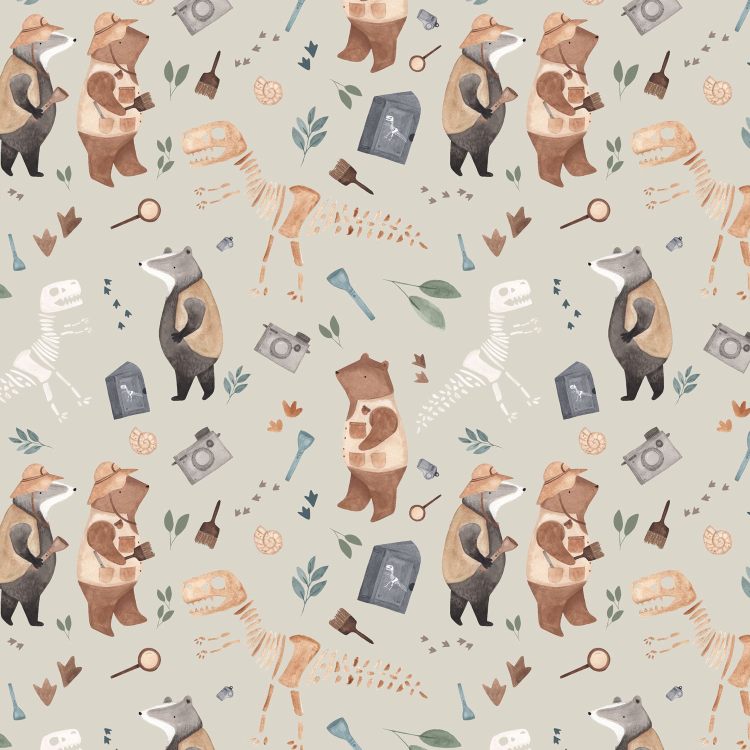 Kinderstoff Meterware Bären bei der Ausgrabung Entdecker