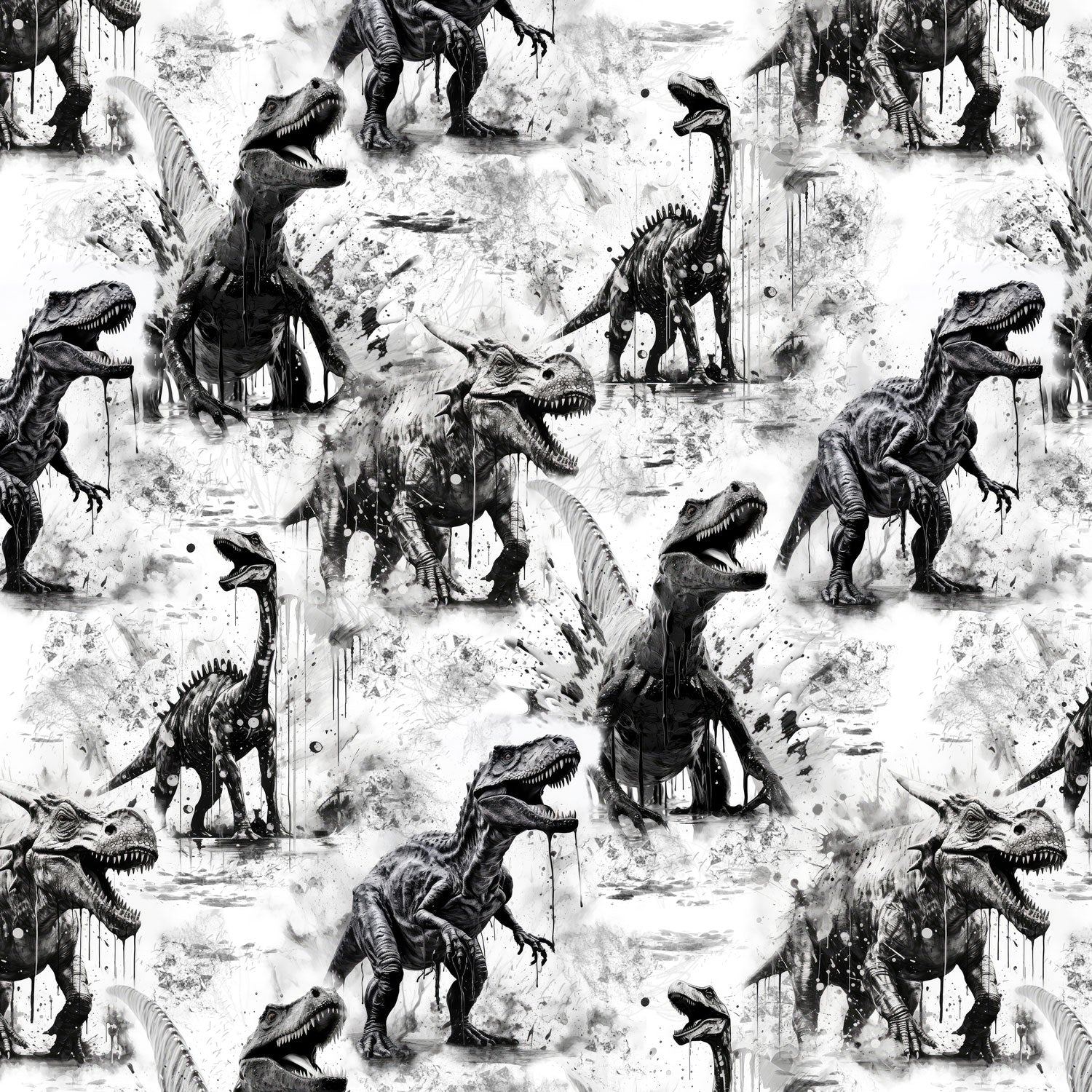 Kinderstoff mit coolen Dinosauriern in schwarz weiß