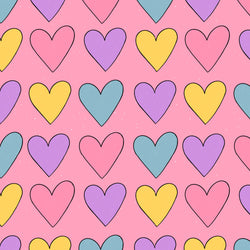 Kinderstoff Meterware bunte Herzchen auf rosa von Katzengold Design