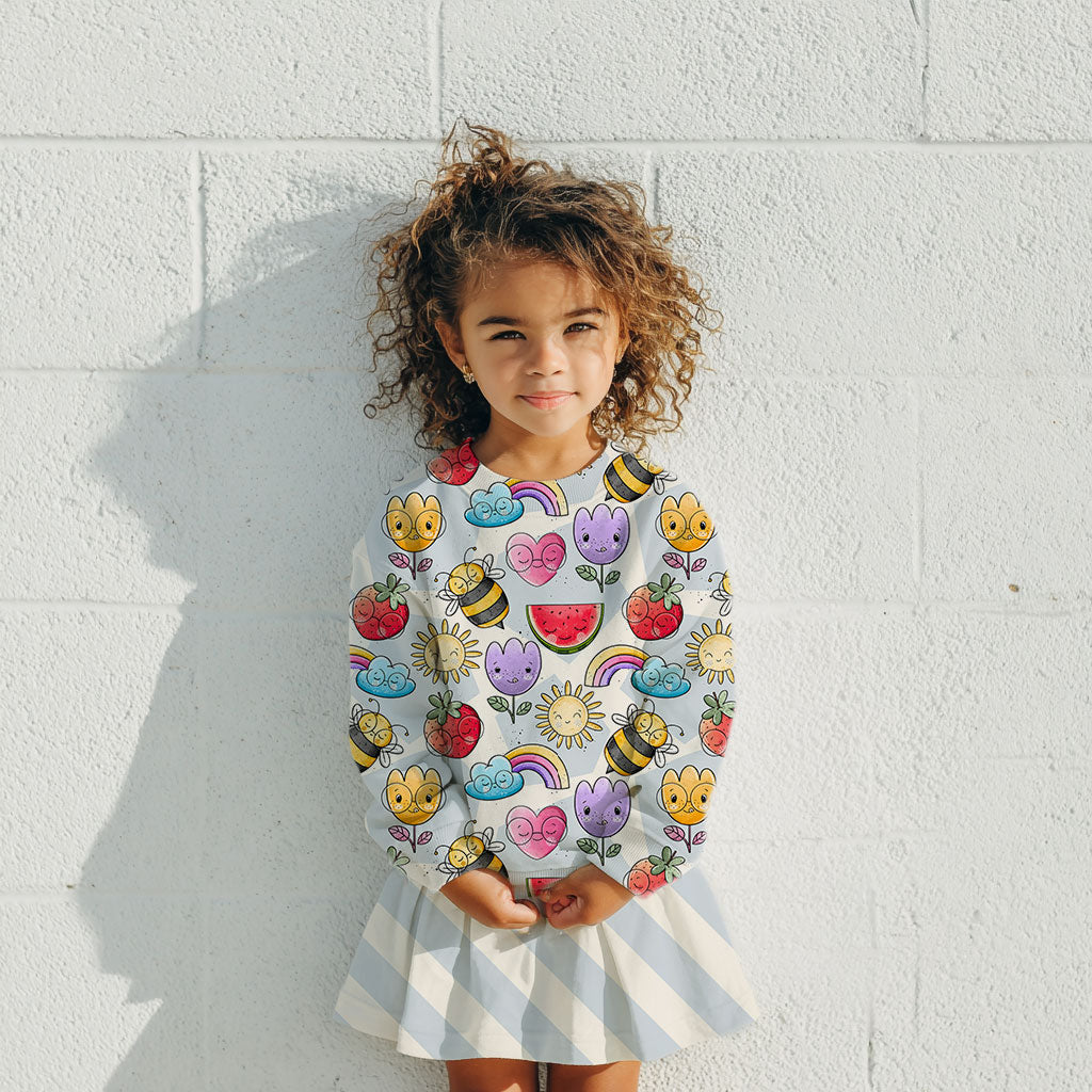 Kinderstoff Meterware mit Erdbeeren Blumen, Sonne Regenbogem Melone  von Katzengold Design mit Kombistreifen Outfit