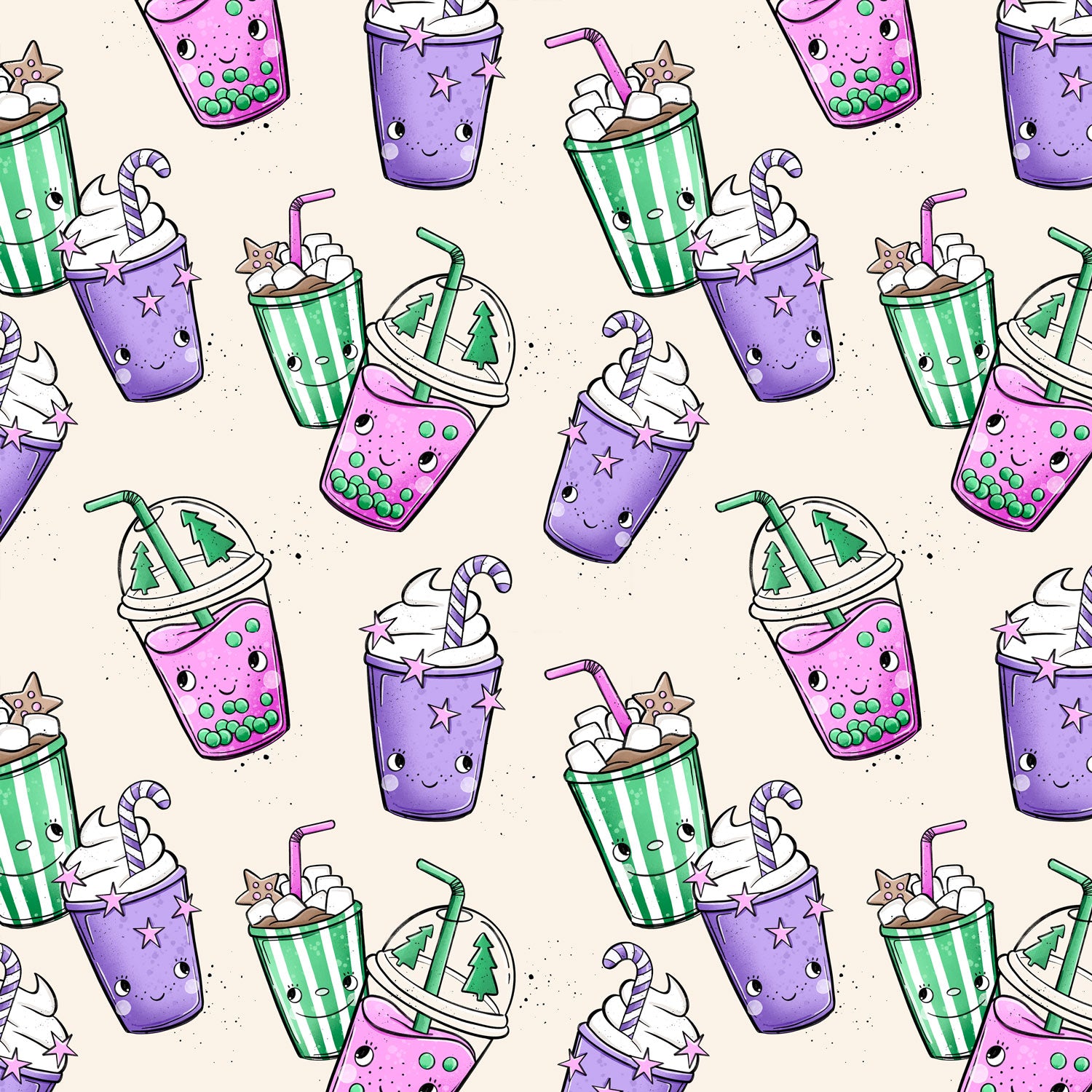 süße weihnachtliche getränke von katzengold design in lila pink und grün auf beigen hintergrund