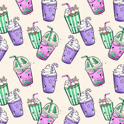 süße weihnachtliche getränke von katzengold design in lila pink und grün auf beigen hintergrund