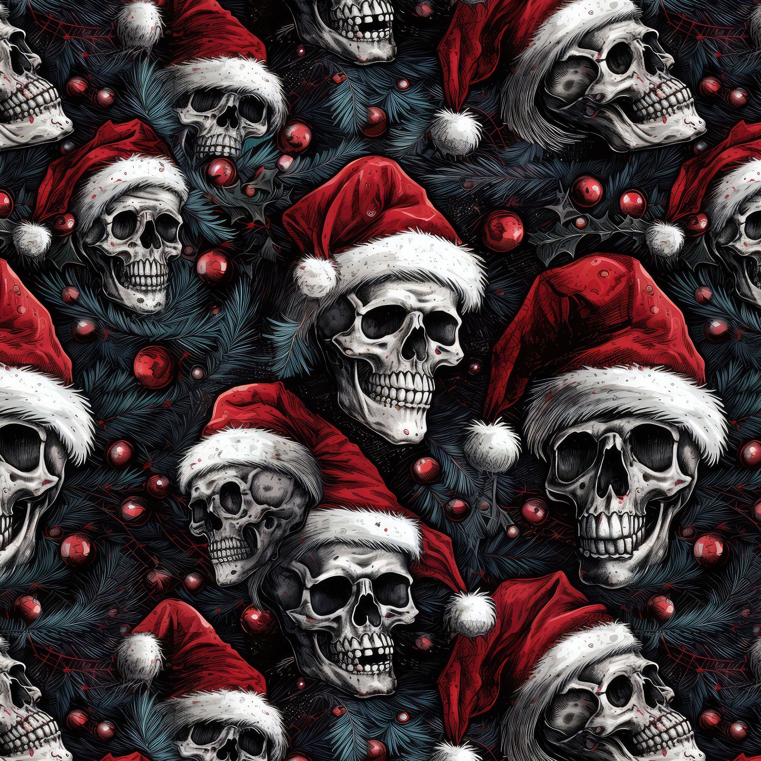 Damenstoffe Meterware Totenkopf mit Weihnachtsmütze 