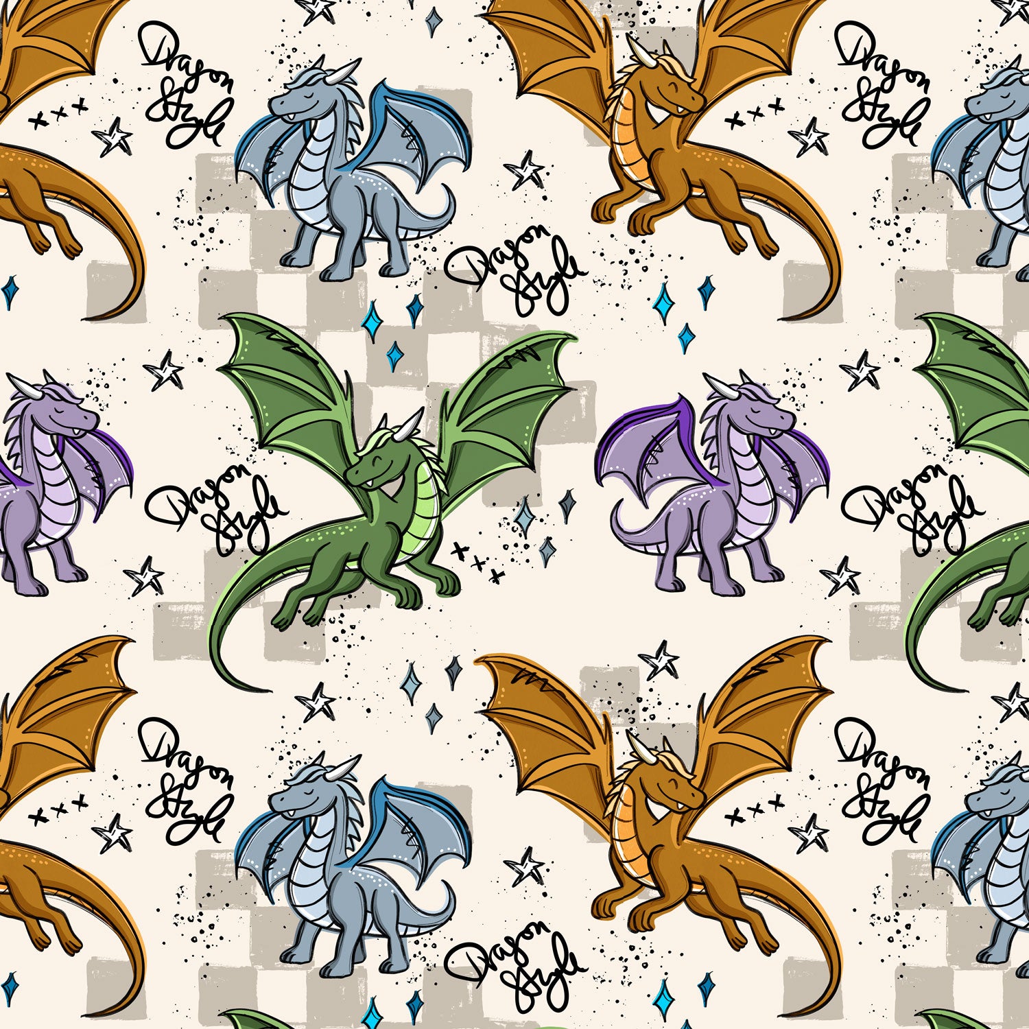 Kinderstoff Meterware coolen Drachen blauer Drache lila Drache grüner Drache gelber Drache von Katzengold Design