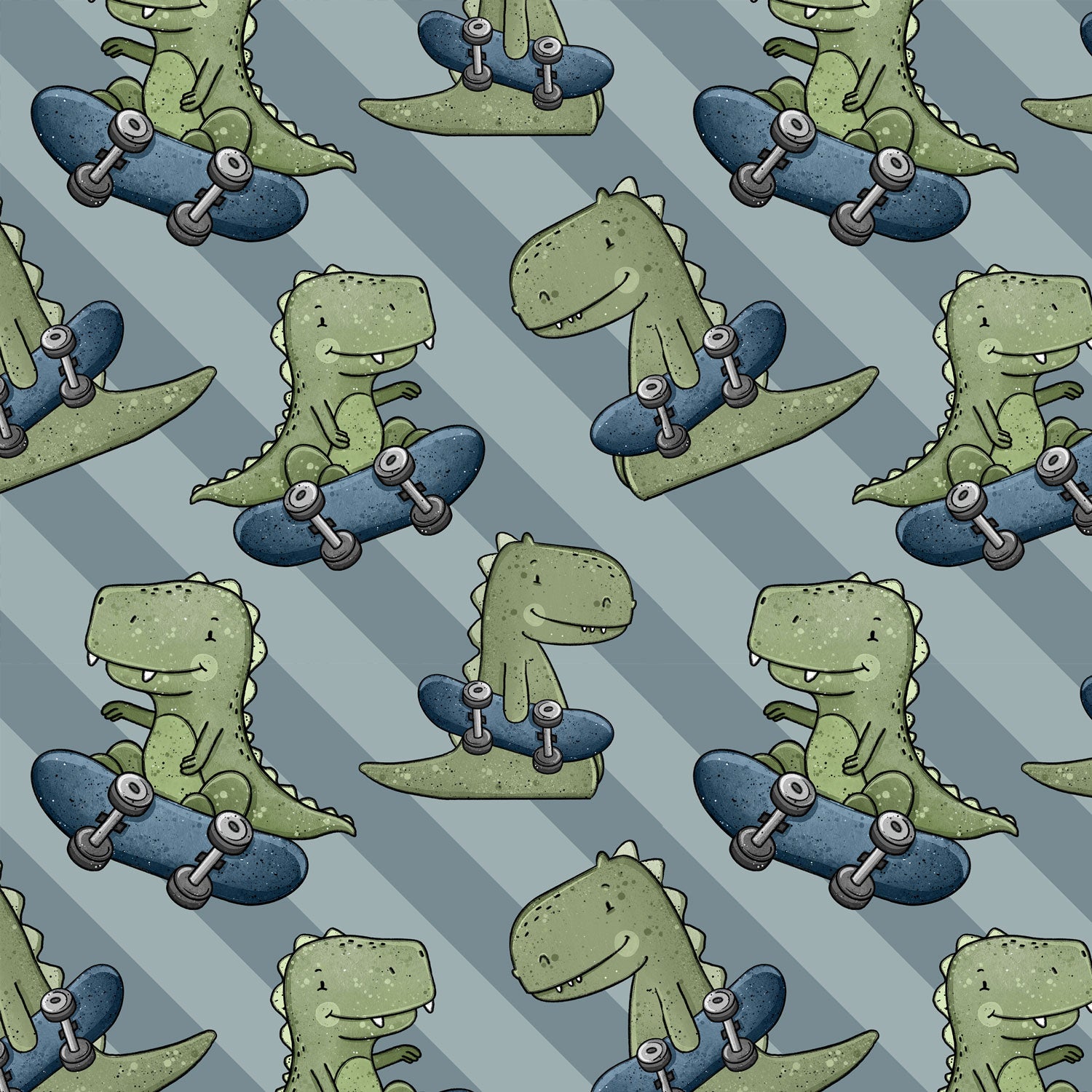 Kinderstoff Jungsstoff T-Rex Dino mit Skateboard auf blauen Streifen von Katzengold design