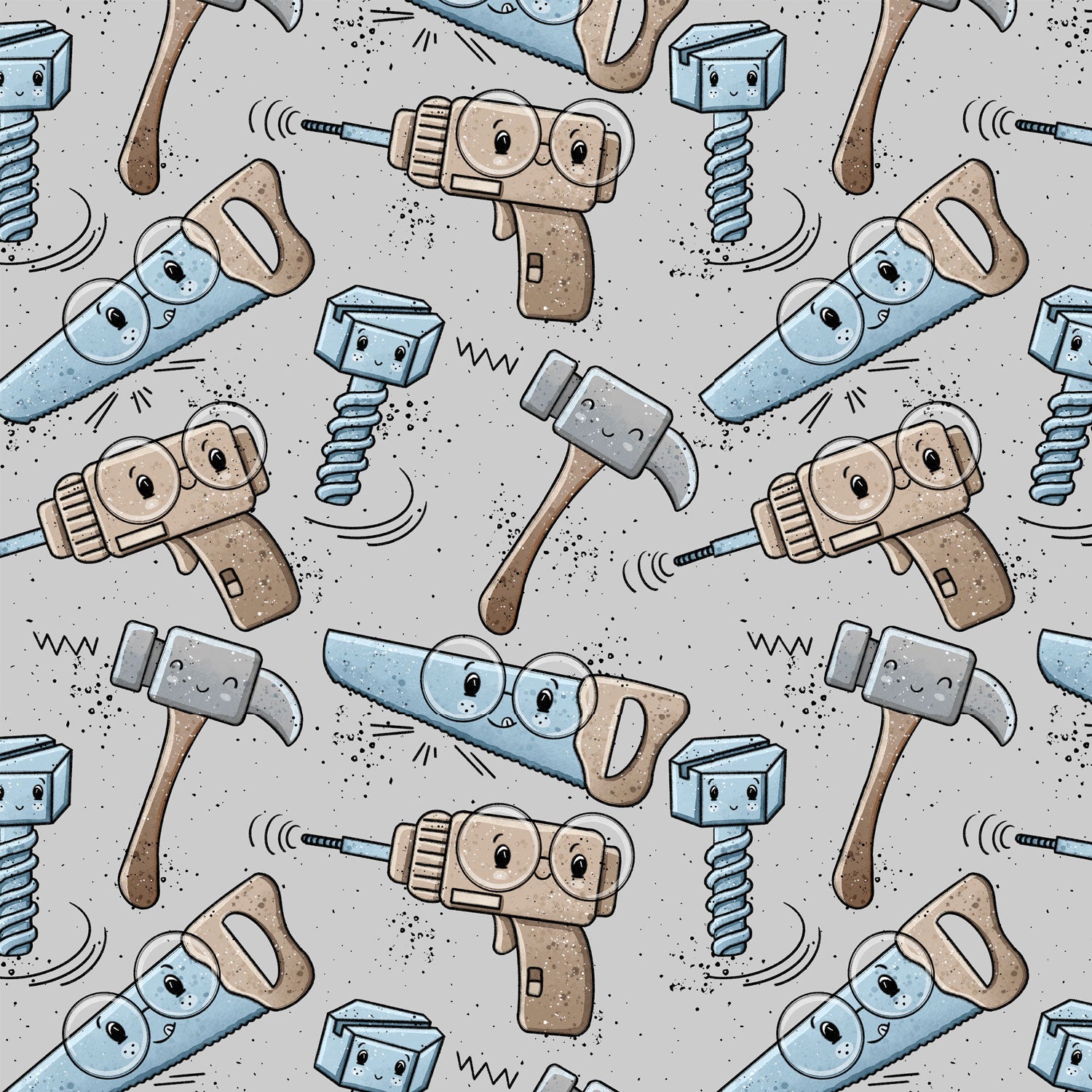 Kinderstoff Meterware mit coolem Werkzeug mit Gesichtern von Katzengold Design Jungsstoff