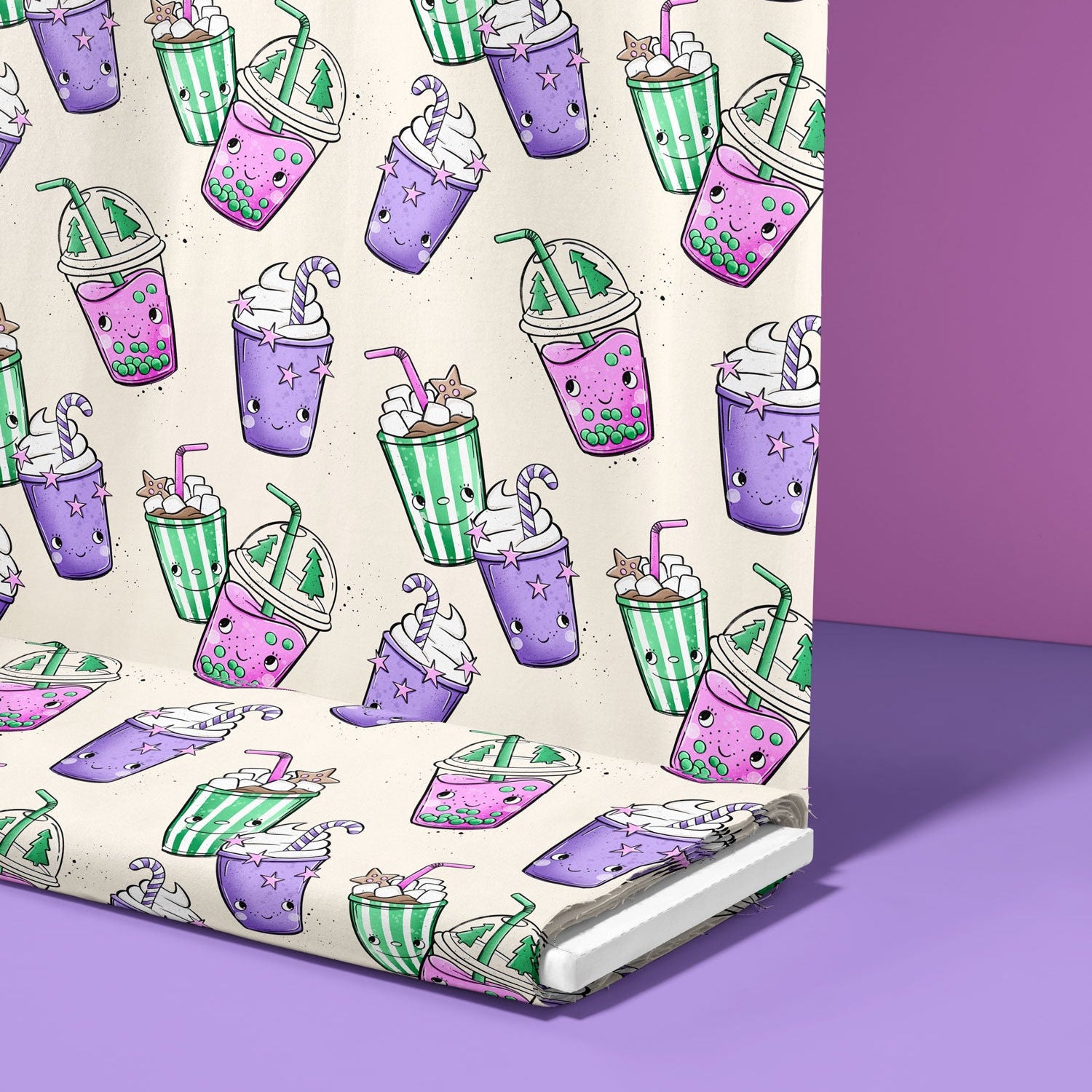 süße weihnachtliche getränke von katzengold design in lila pink und grün auf beigen hintergrund