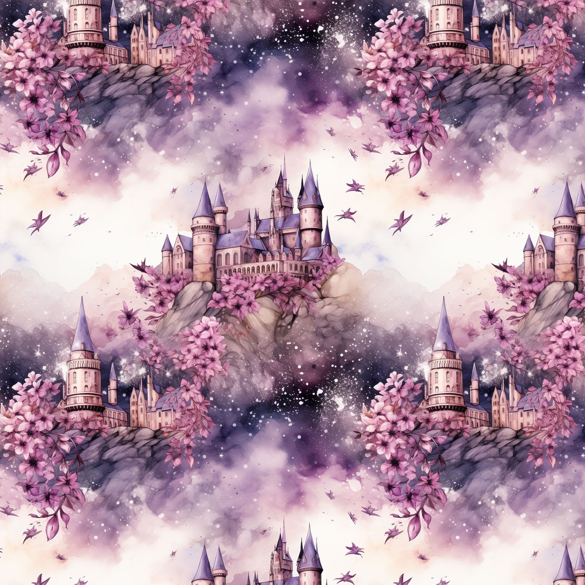 Damenstoff Meterware magischen Schloss mit lila Blüten