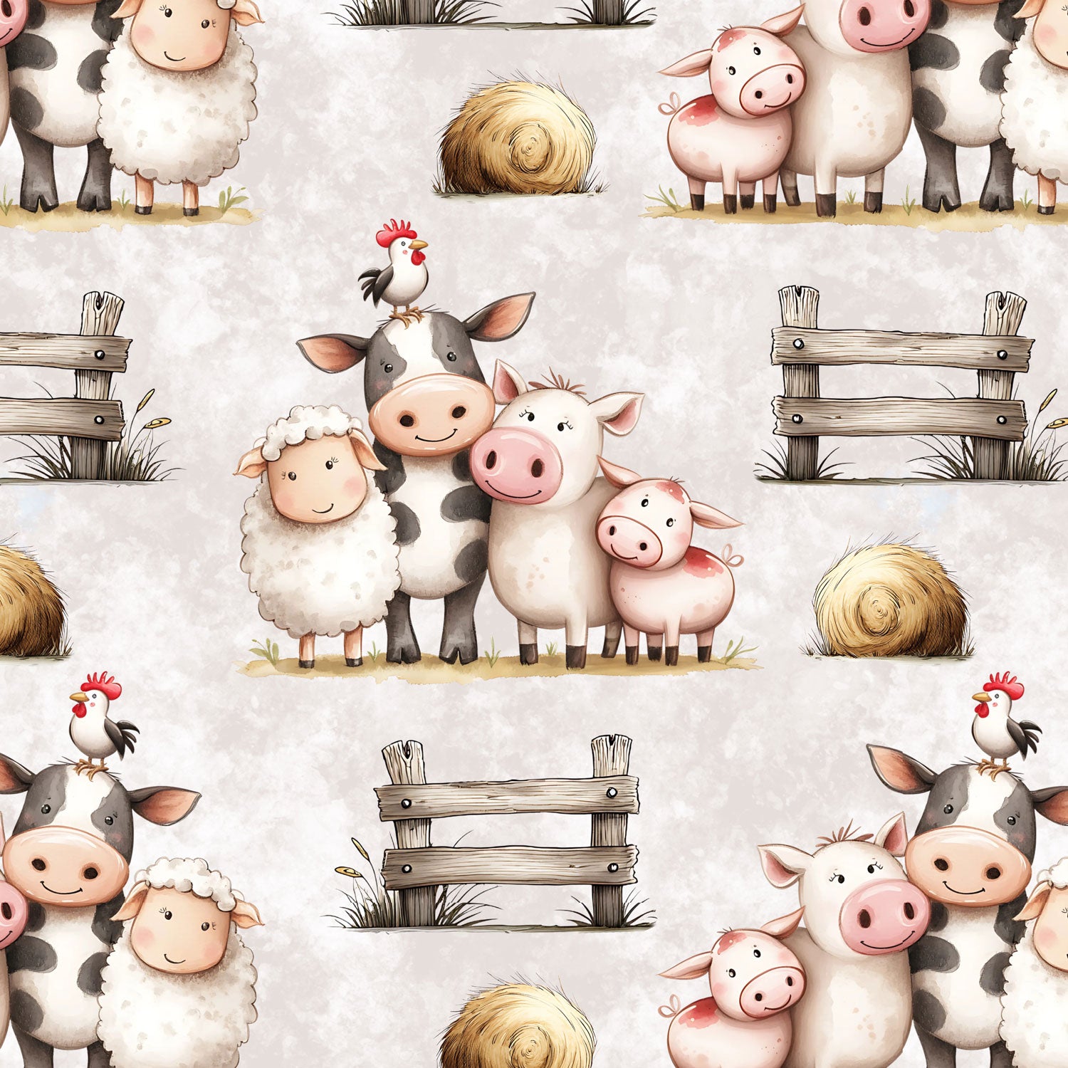Kinderstoff Meterware mit Farmtieren Kuh Schwein Schaf Huhn