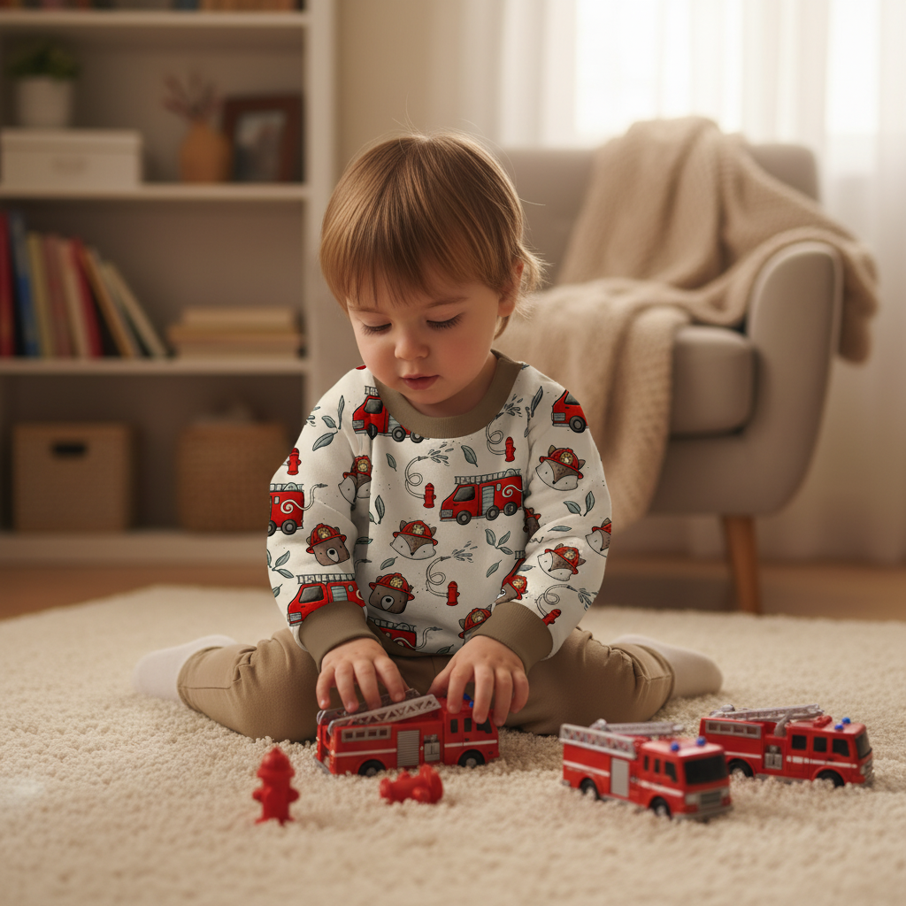 Kinderstoff Meterware Feuerwehr Stoff mit Feuerwehrwagen, Löschfahrzeug Fuchs und Bär Hydrant von Katzengold Design trägt ein Kind als Pullover genäht