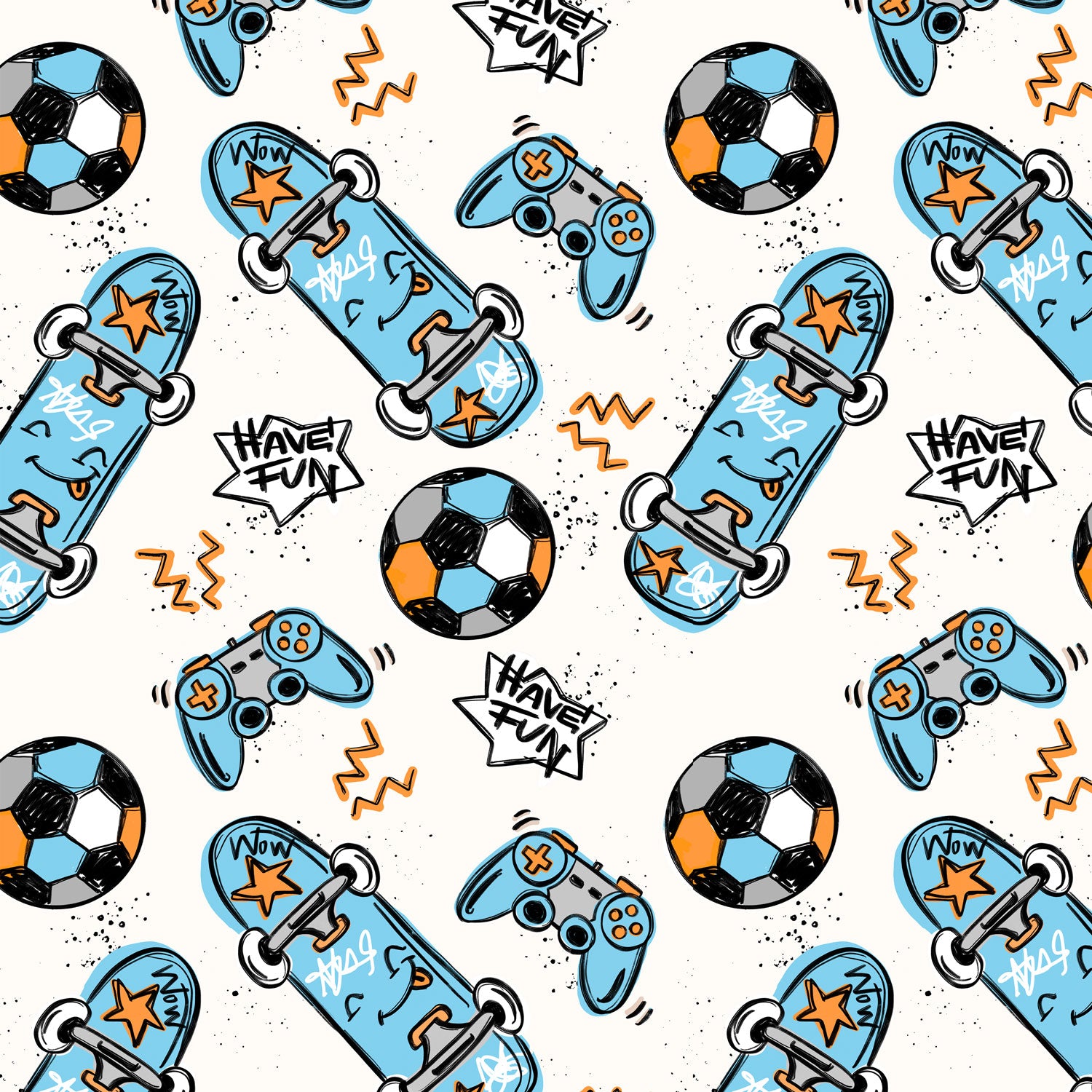 Kinderstoff cooler Jungsstoff mit Fußball Skateboard Controller von Katzengold Design