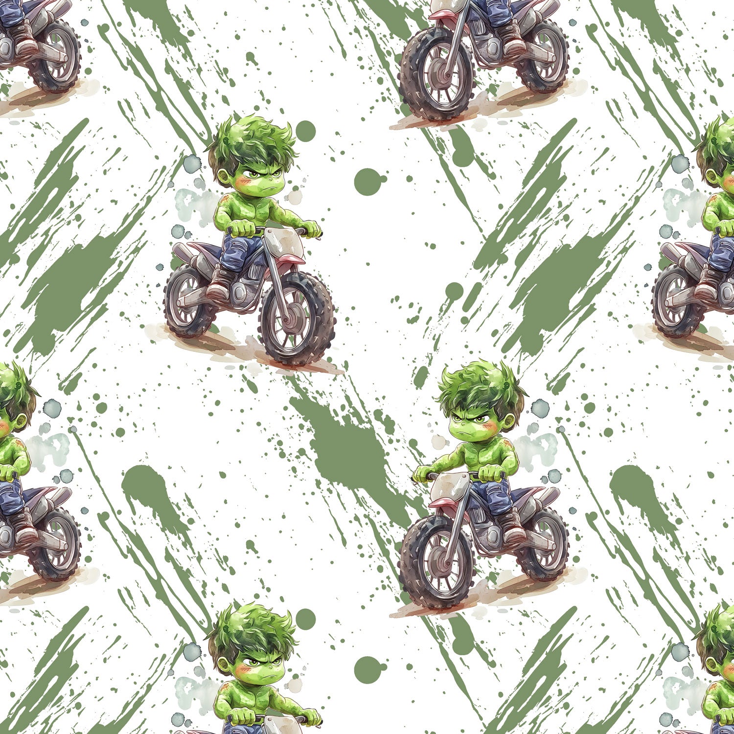 Kinderstoff grüner wütender Junge auf Motorrad 