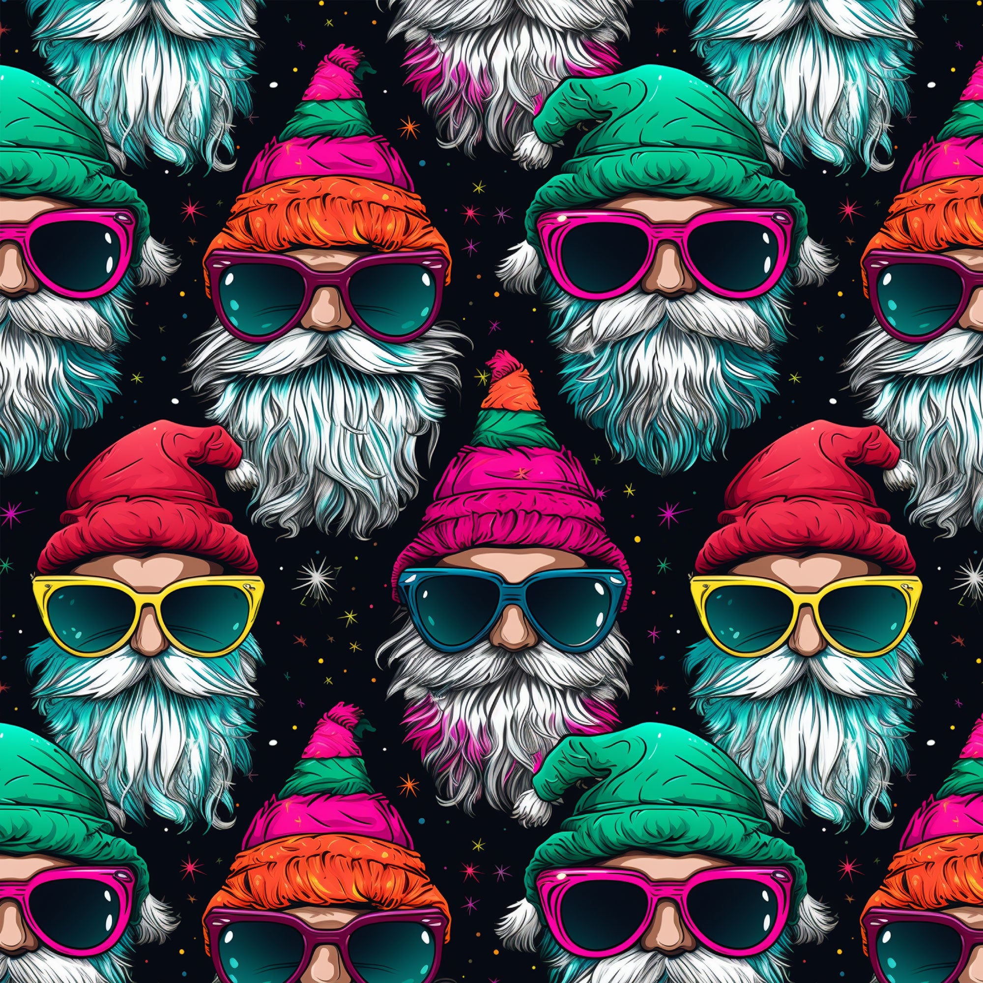 Weihnachtsstoff mit Hipster Santa Weihnachtssmänner mit Sonnenbrille und Mütze in bunt
