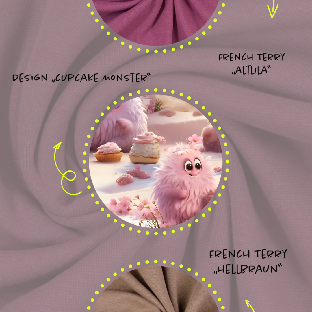Kinderstoff süße rosa Monster mit Cupcakes Kombistoffe