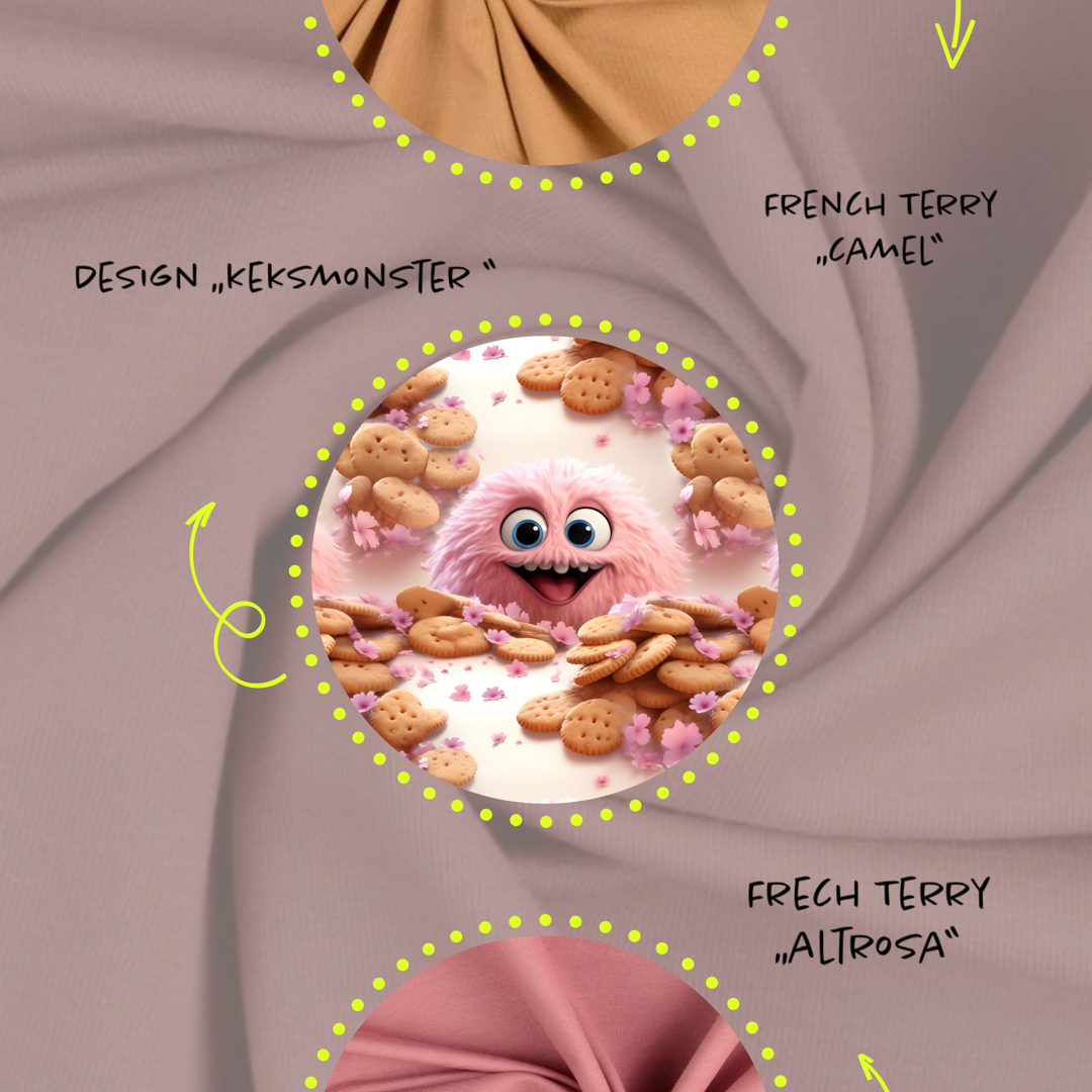 Kinderstoff rosa Monster mit Keksen und Blumen Keksmonster Kombistoffe