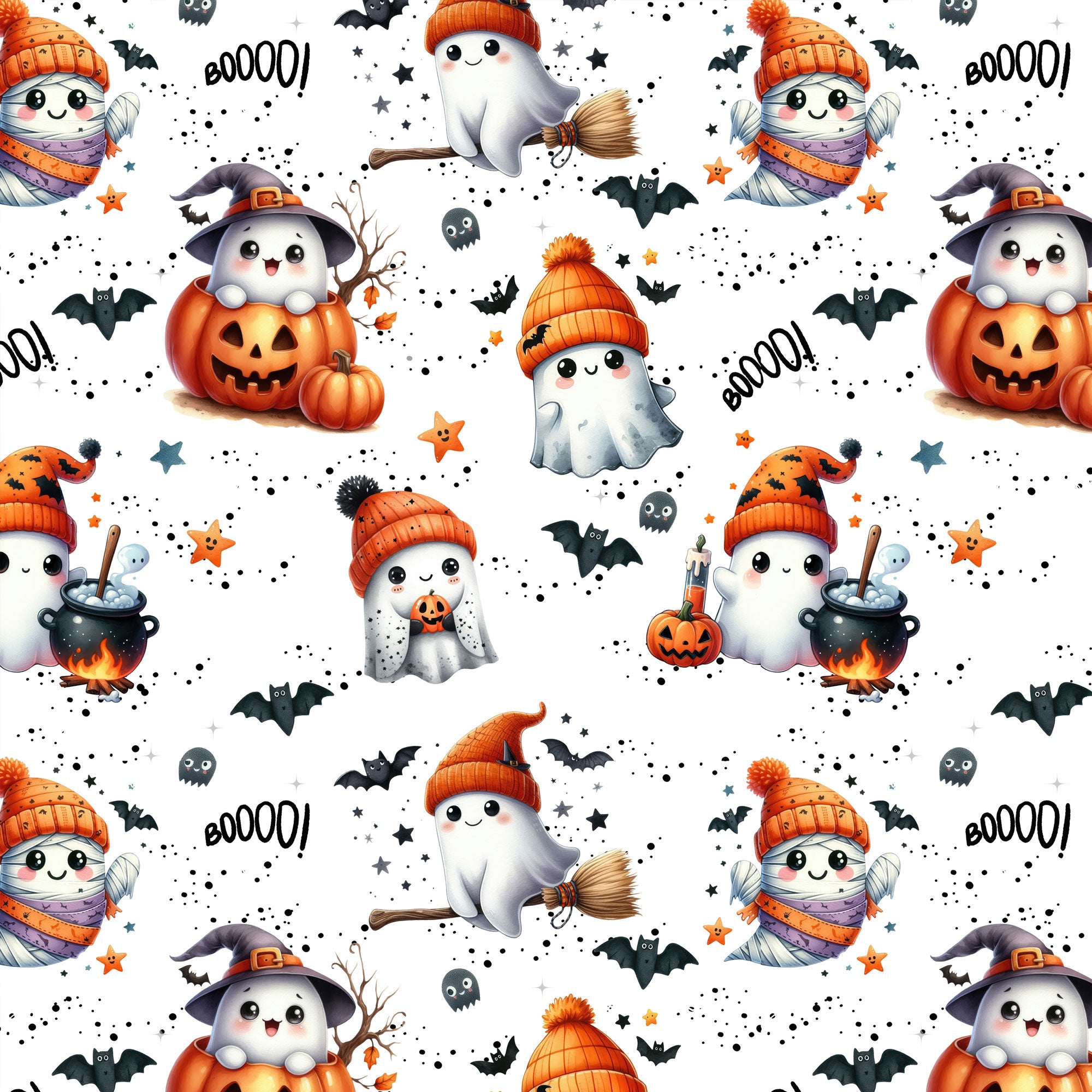 Kinderstoff Halloween Meterware kleine süße Geister mit Hipstermützen