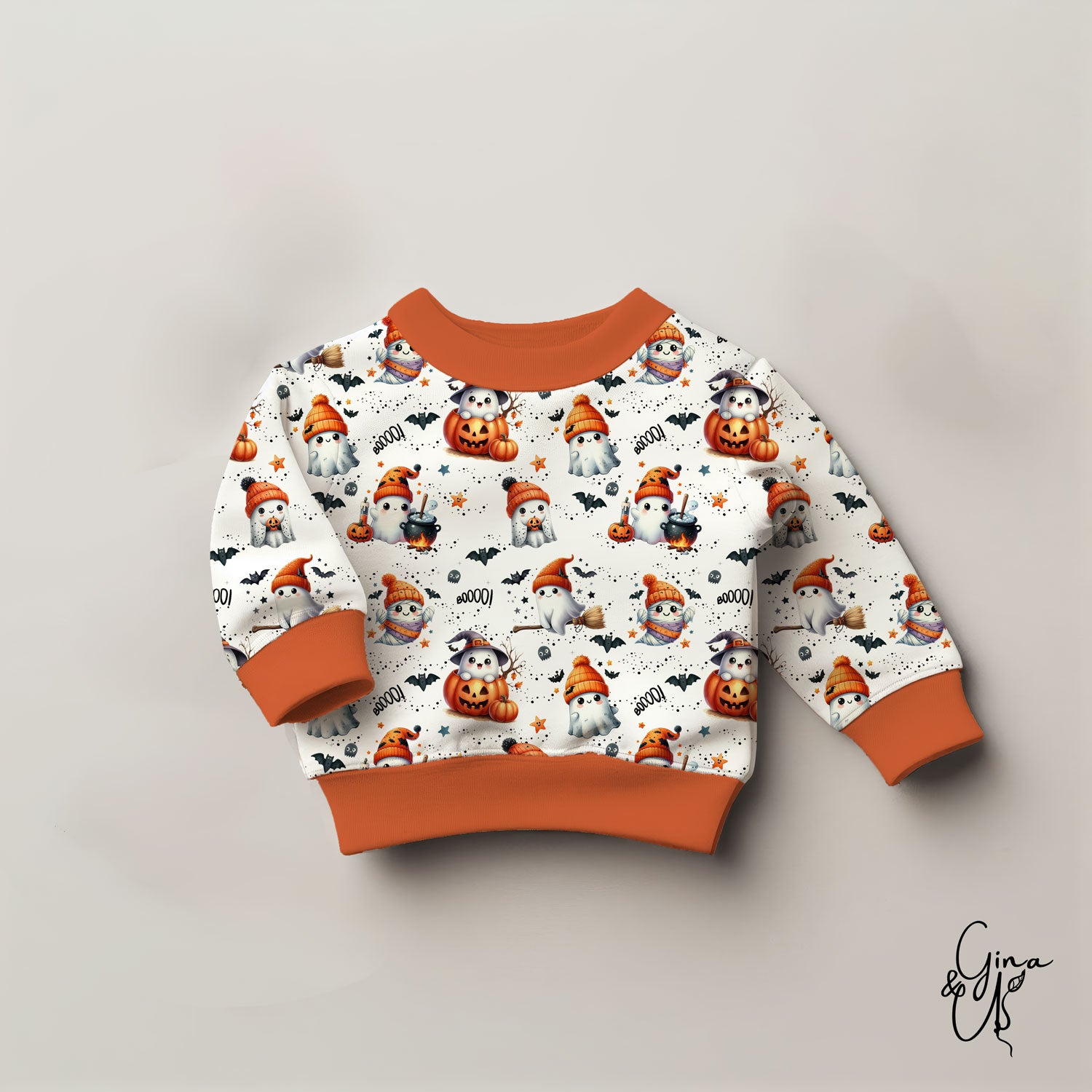 Kinderstoff Halloween Meterware kleine süße Geister mit Hipstermützen als Kinderpullover