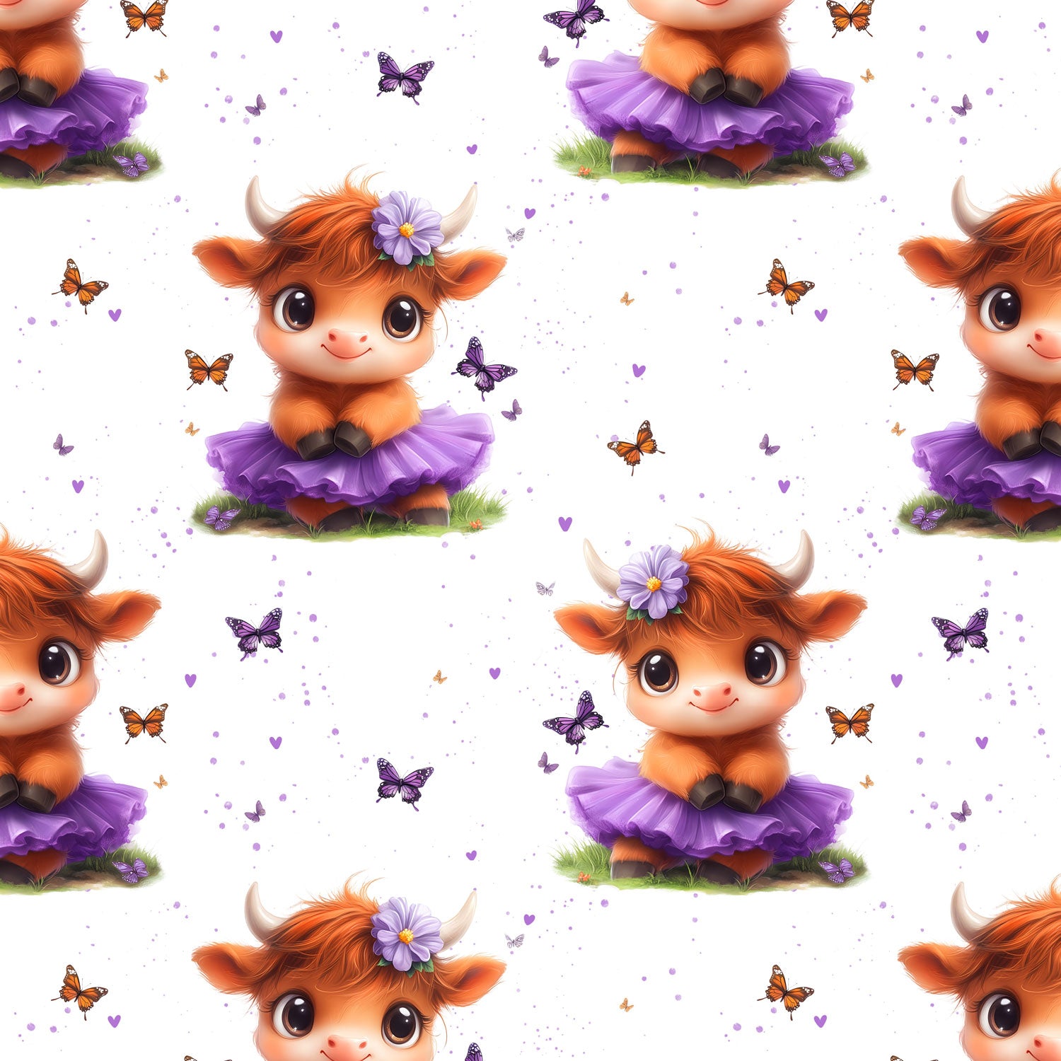 Kinderstoff kleine Kuh mit lila Tütü mit Blume im Haar und Schmetterlingen