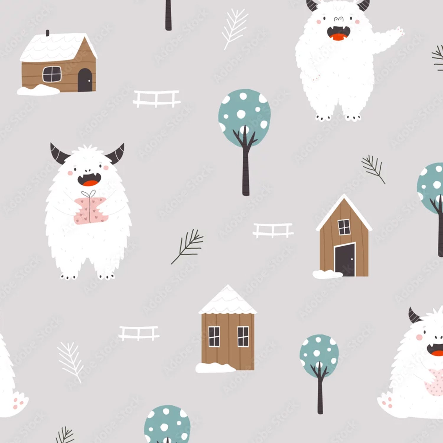 Meterware Kinderstoff Yeti Winter Haus Bäume