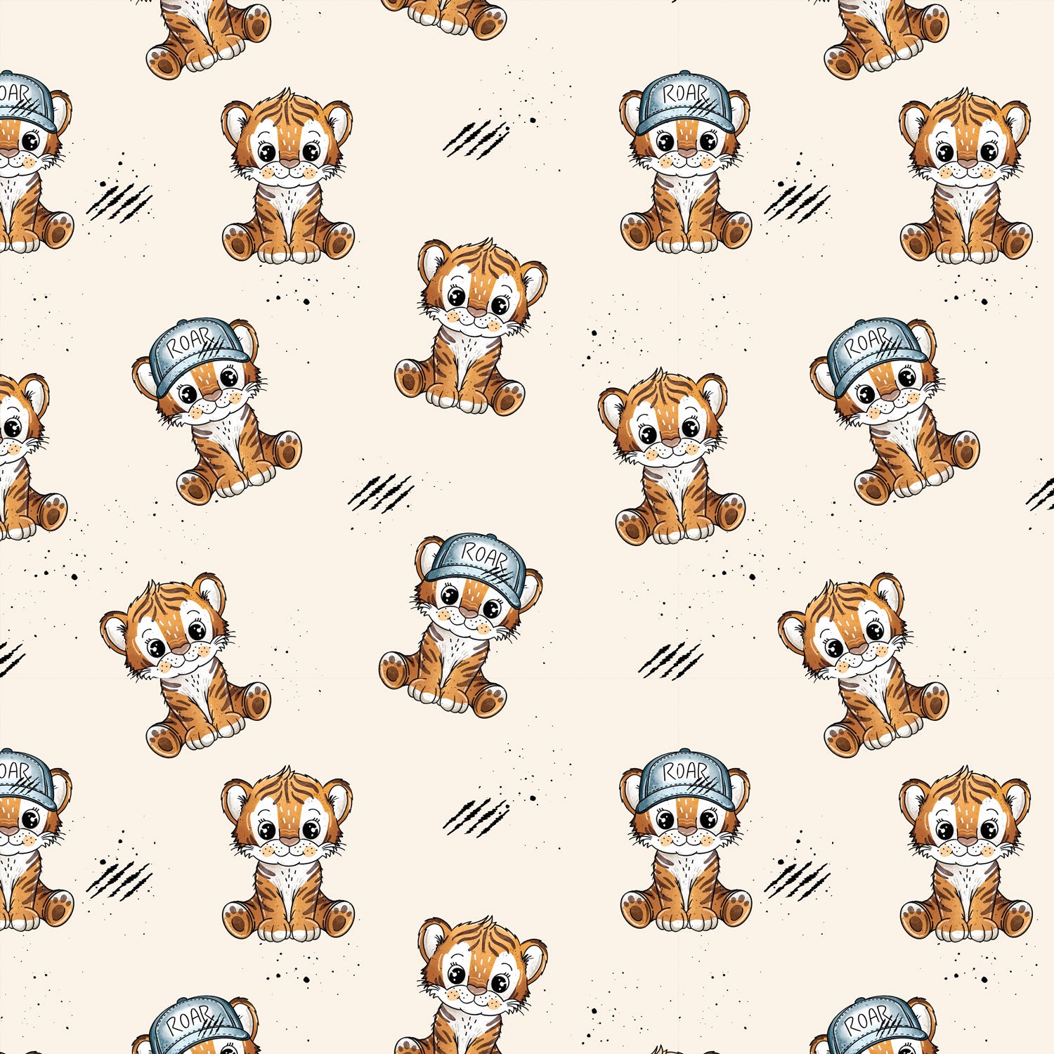 Kinderstoff Meterware mit coolen süßen Tigern mit Kappe von Katzengold Design