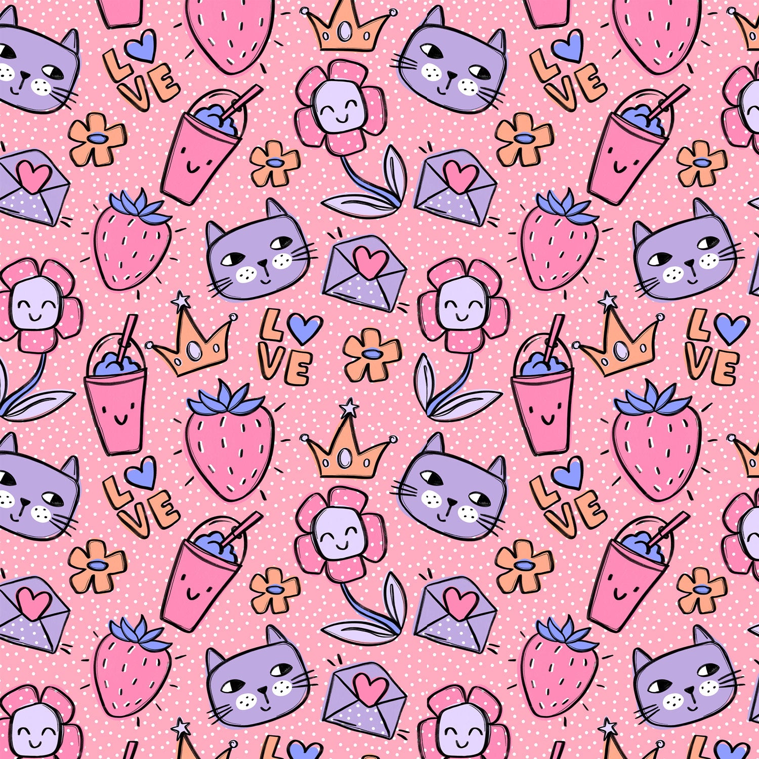 Kinderstoff Meterware rosa hintergrund mit Katze, erdbeere, blume, krone bubble tea und LOVE von Katzengold Design