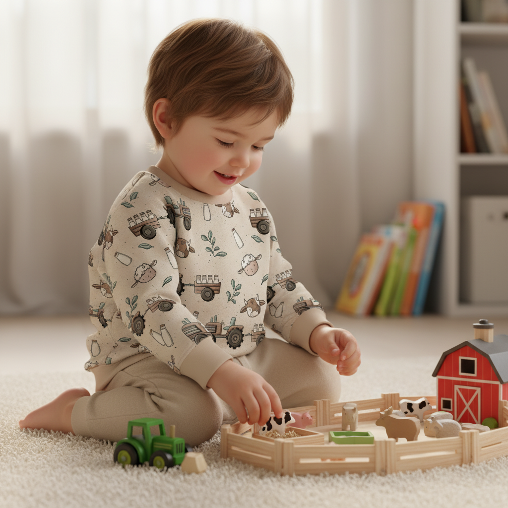 Kinderstoff Meterware mit Bauernhof Kuhe Milchfarm Schaf und Kuh von Katzengold Design Kind trägt Pullover