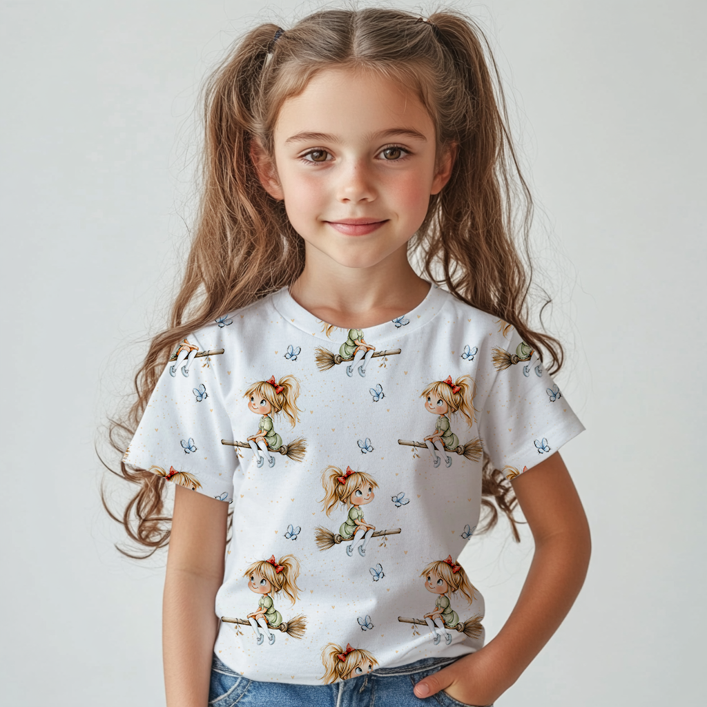 Kinderstoff Meterware Hexe auf Besen mit roter Schleife Hexenmädchen Schmetterlinge als Kindershirt genäht