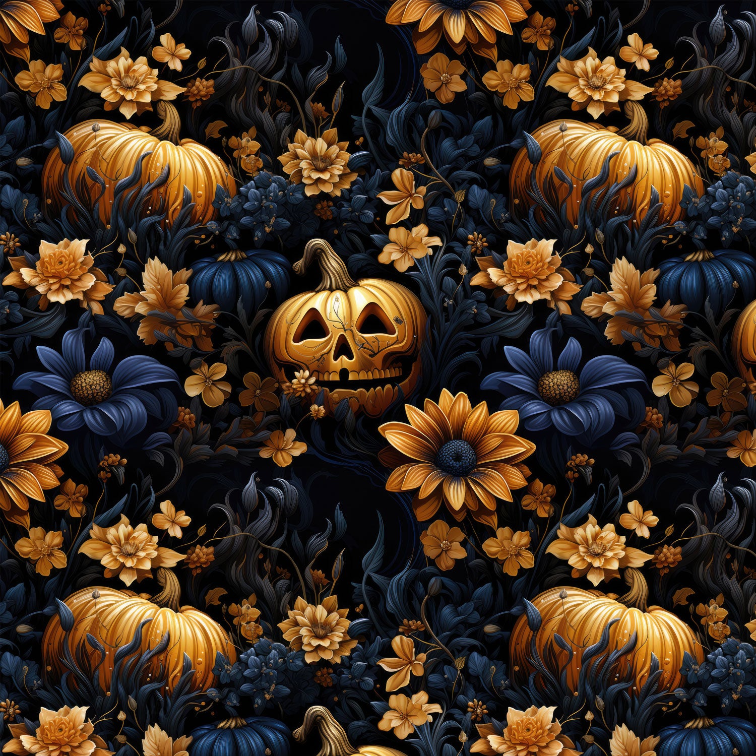 Damenstoff Meterware Kürbisse mit orangenen und blauen Blumen Halloween