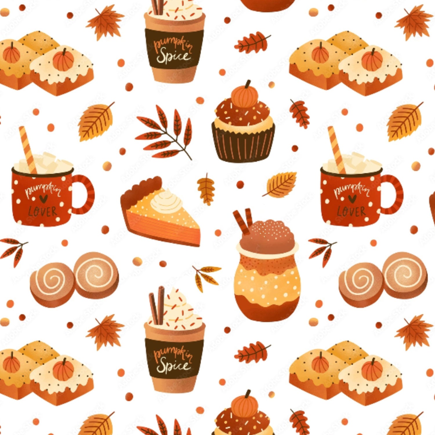Damenstoff Meterware Pumpkin Spice Tassen Kuchen Herbst Blätter