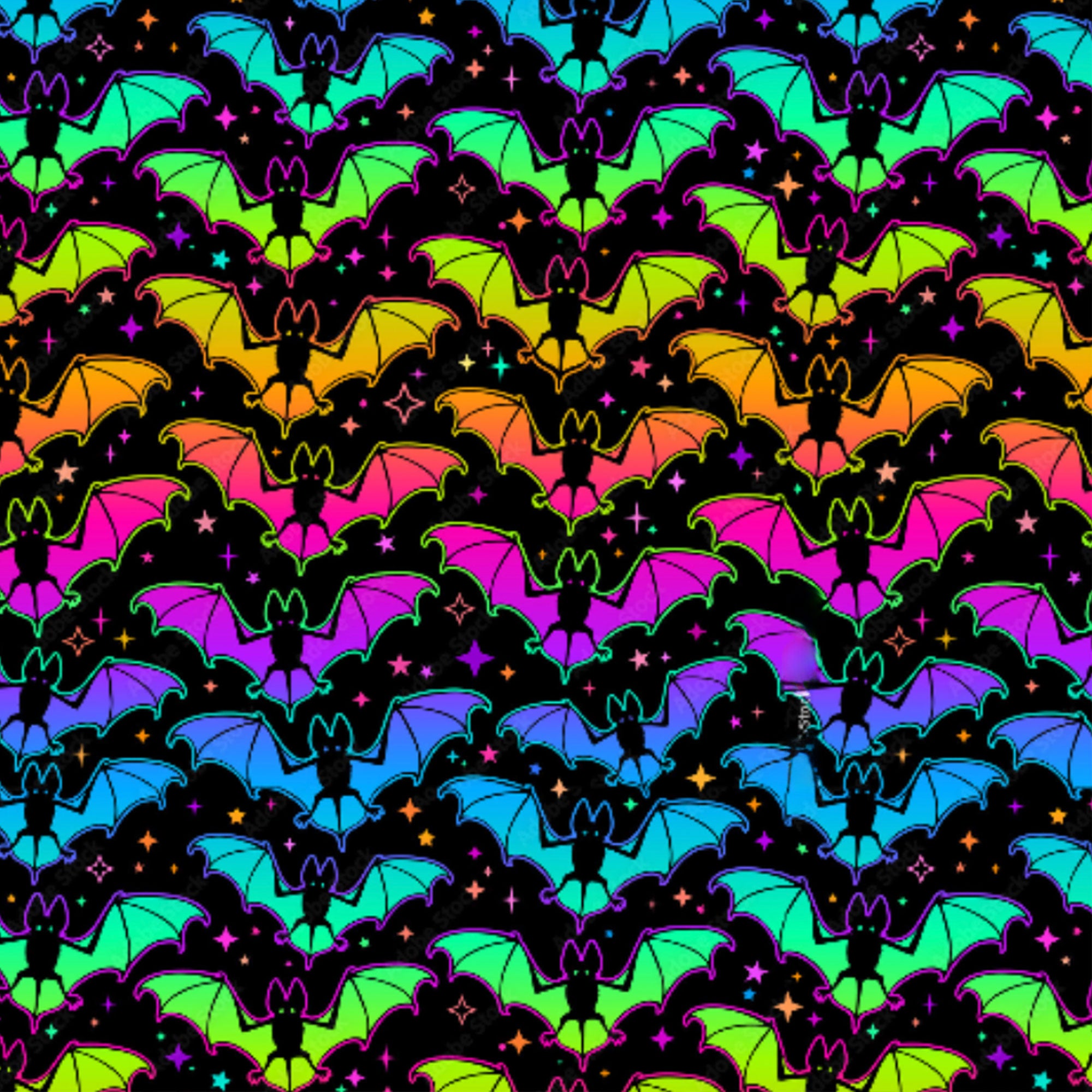 Kinderstoff Meterware Neon Regenbogen Fledermäuse auf schwarz