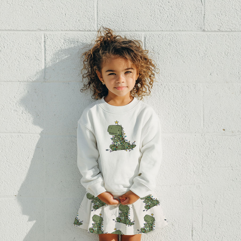 Kinderstoff mit weihnachtlichem Roboter als Tannenbaum verkleideter T-Rex von Katzengold Design mit Bügelbild