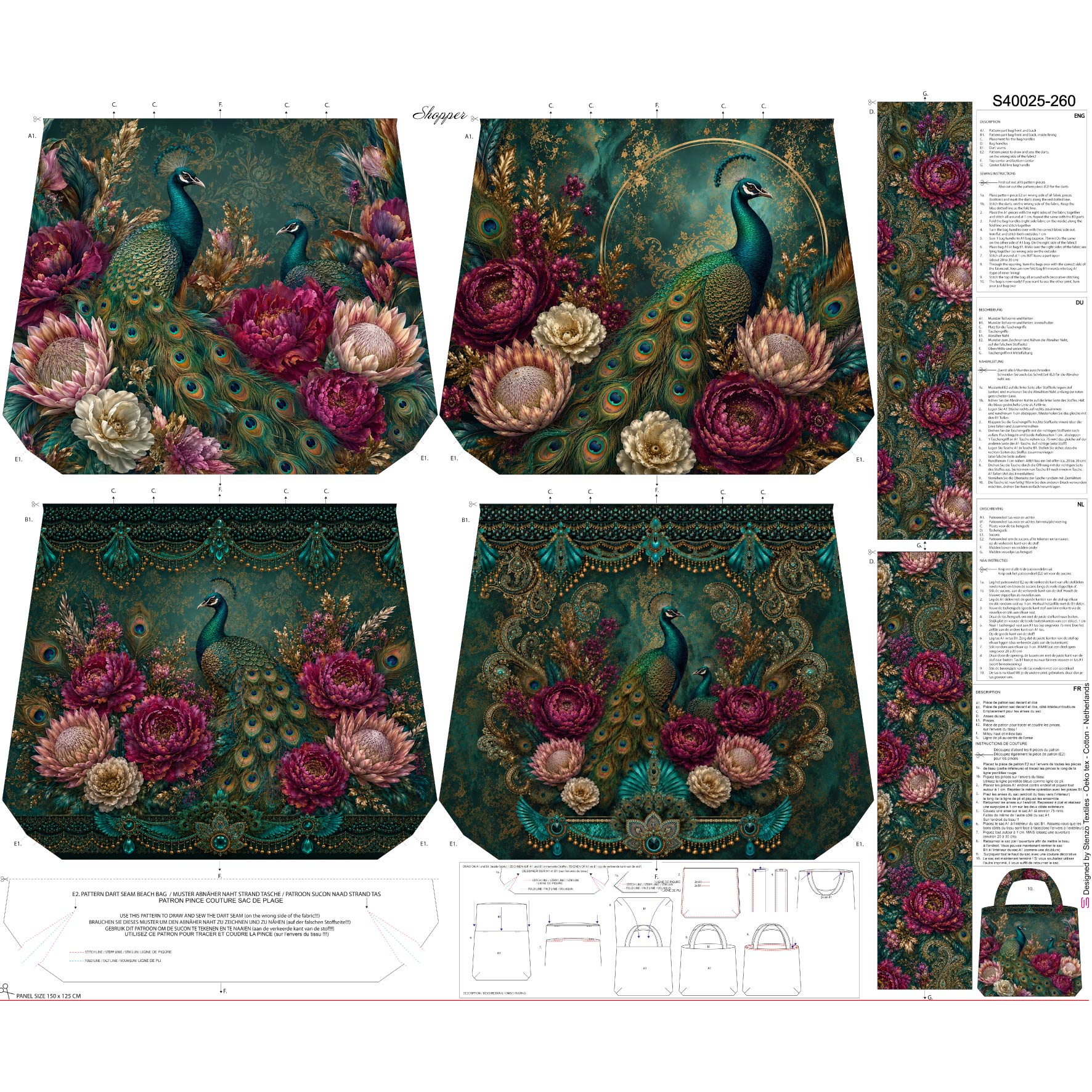 Stenzo Taschenpanel Canvas „Peacock Flowers“ Smaragd