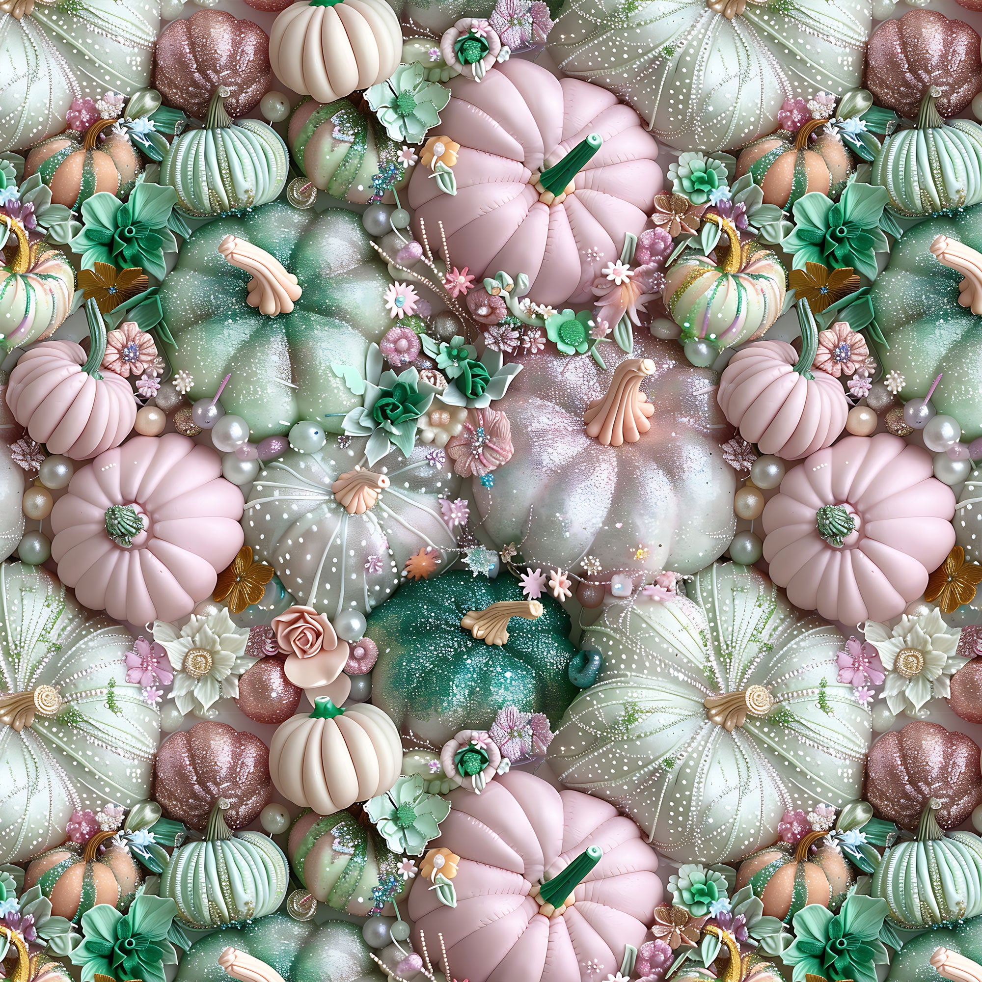 Damenstoff pastellfarbende Kürbisse und Perlen Meterware Halloween