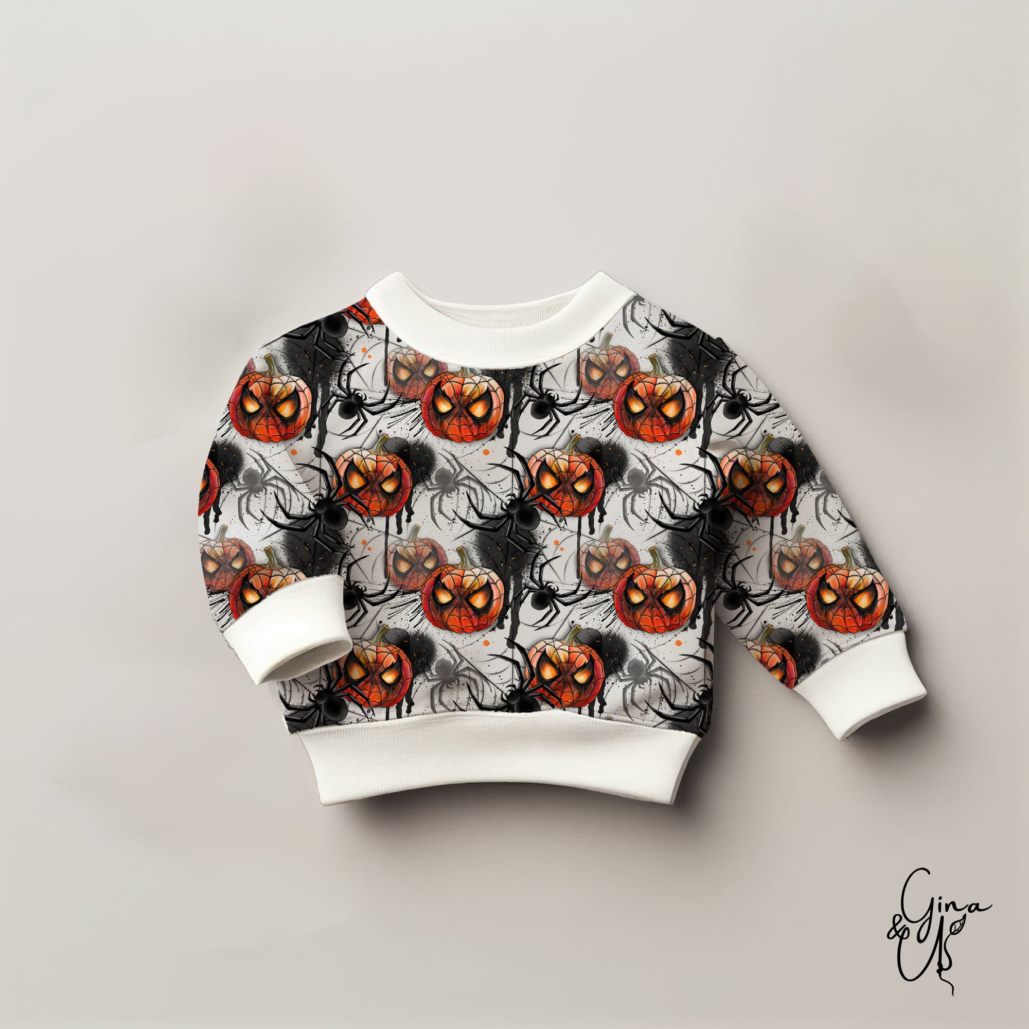 Jungsstoff gruseliger Spinnen Kürbis als Kinderpullover genäht