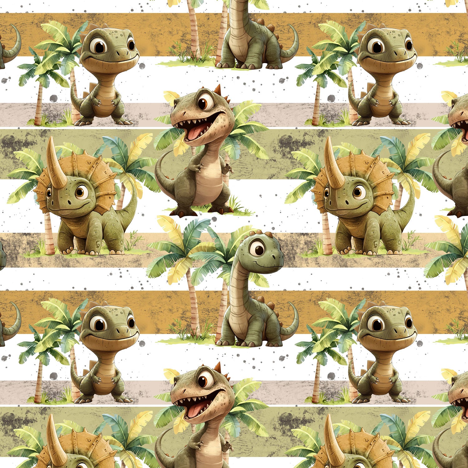 Kinderstoff mit süßen Dinos auf Streifen mit Palmen